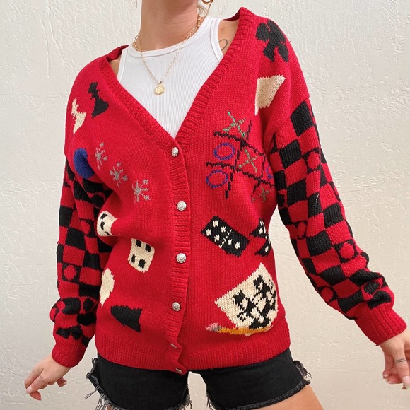 Vintage Queen of Heart Red Funky Game Night Cardigan Sweater - Picture 4 of 5